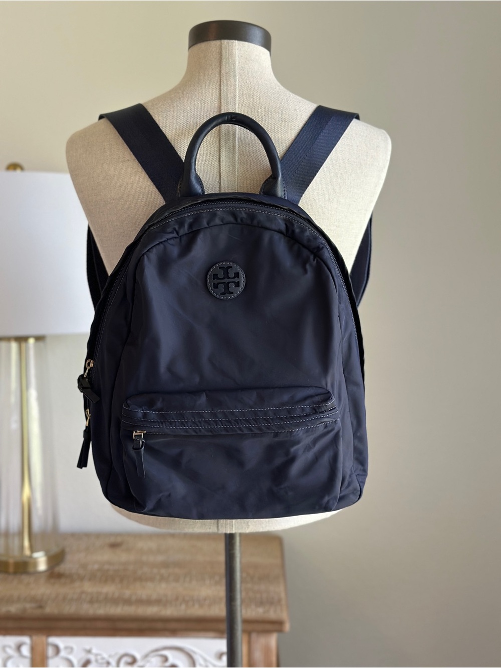 Tory Burch Navy Black Nylon Backpack with Logo